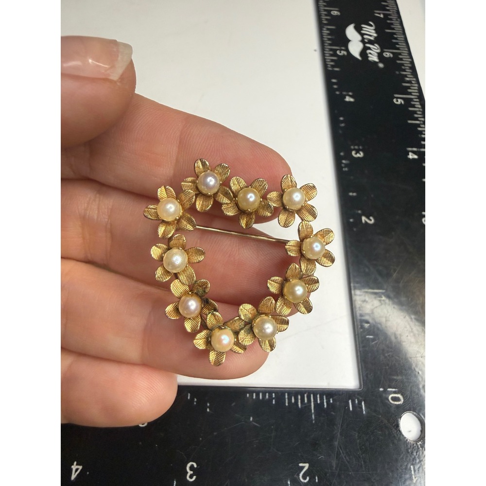 Gold Tone Heart Flower Brooch Faux Pearl Floral Wreath Pin Romantic Wedding